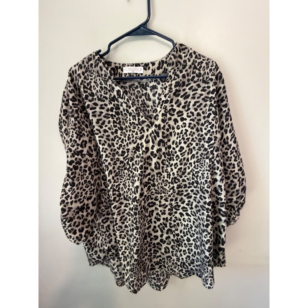 Roswear Leopard Print V-Neck Roll Tab Sleeve Blouse Grey Black XXL 20-22